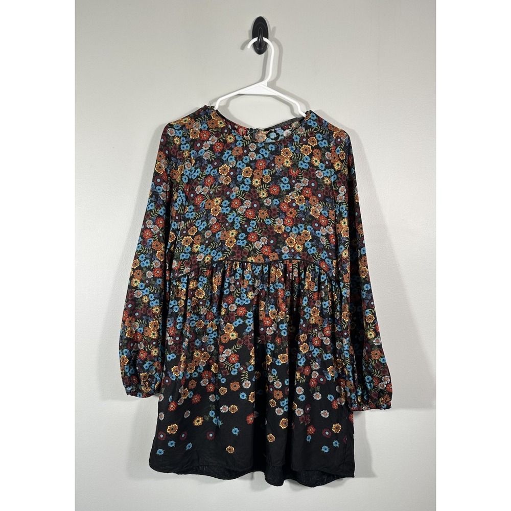 Zara Dress Womens Small Black Floral Boho Babydoll Long Sleeve Viscose